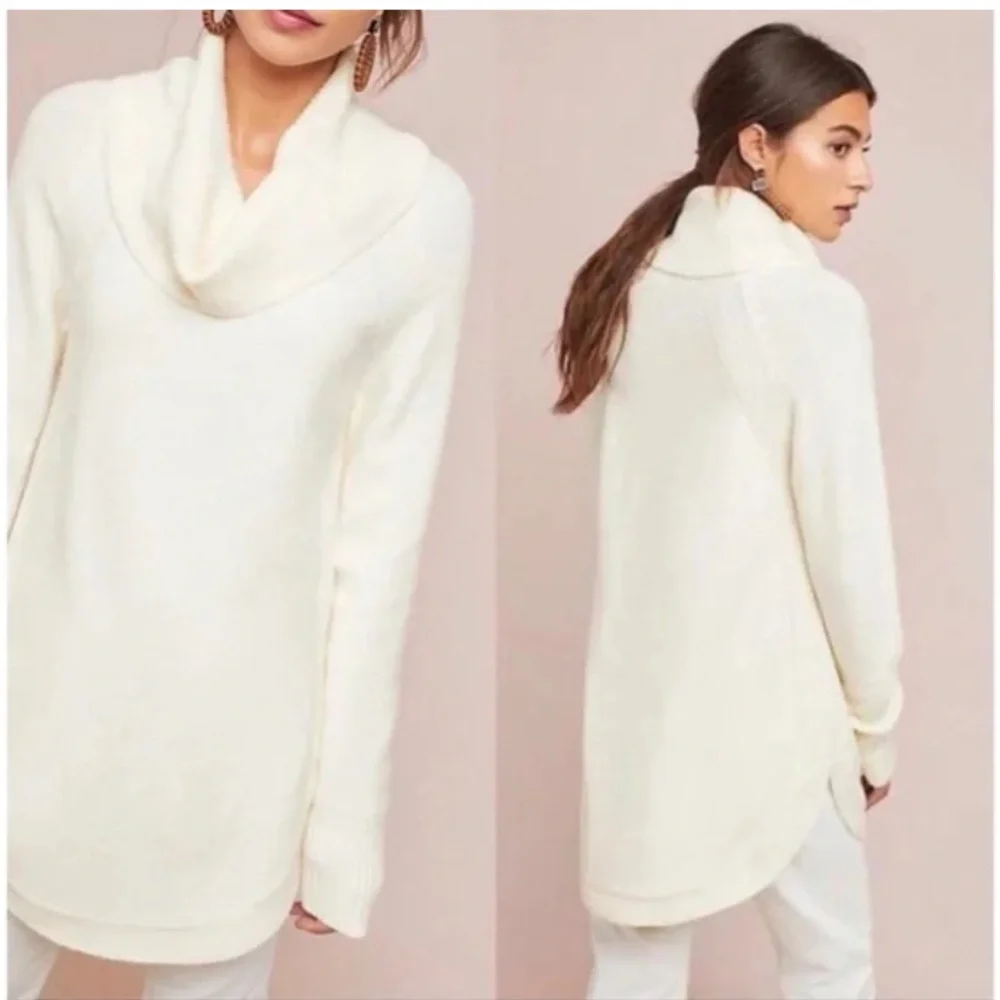 By Anthropologie Brenta Cowl Neck Sweater Curved Hem Cream Size Small